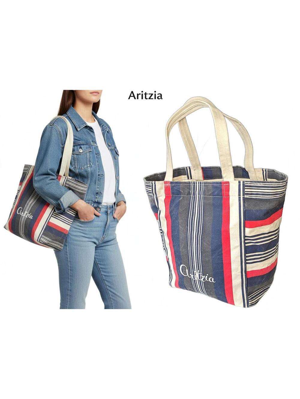 Aritzia Tote Women Bag China Striped Blue Red Cotton Canvas